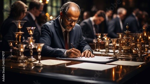 A businessman sitting at a desk, in a strict business suit signing documents.
