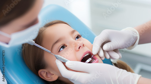 Dentist examining little girl s teeth in clinic