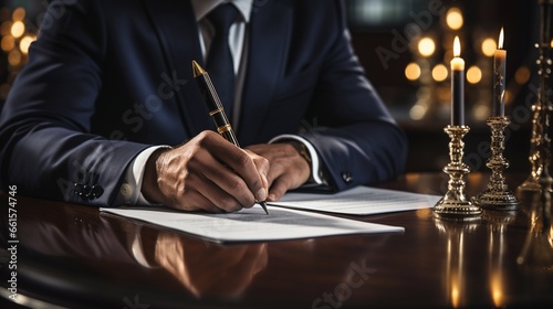 A businessman sitting at a desk, in a strict business suit signing documents.