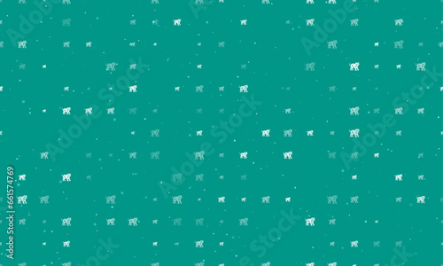Seamless background pattern of evenly spaced white tiger symbols of different sizes and opacity. Vector illustration on teal background with stars