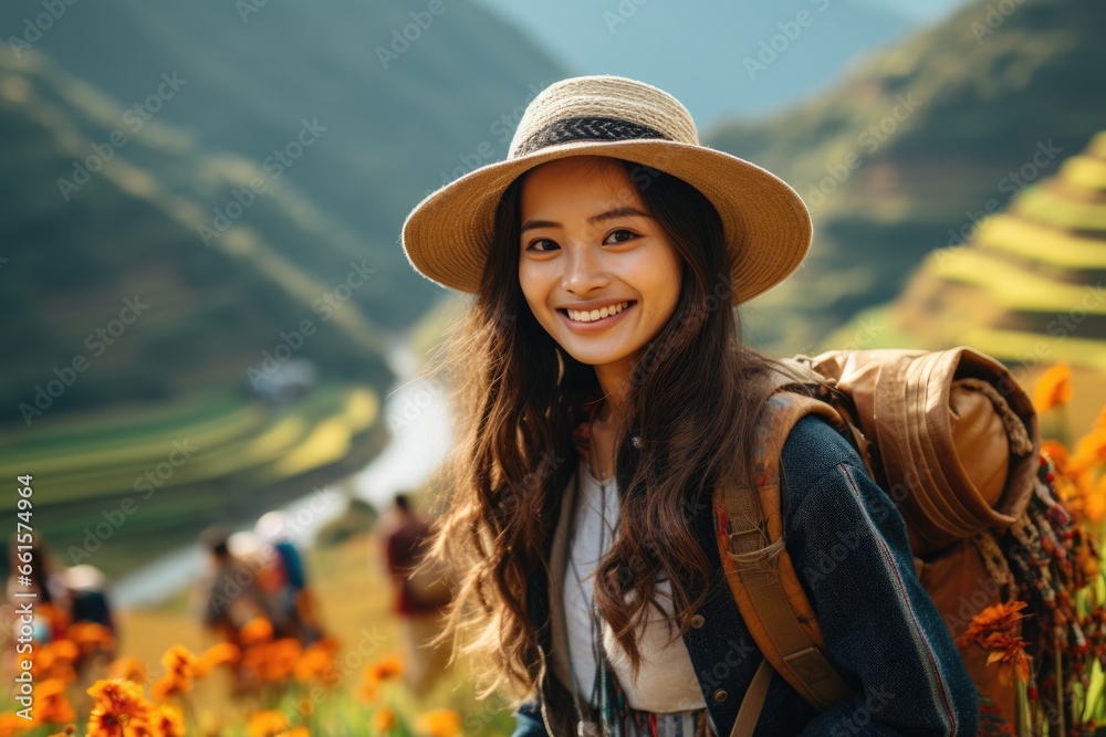 Asian woman enjoying rice terraces in Vietnam. AI Generated