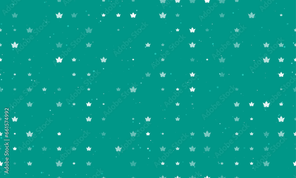 Seamless background pattern of evenly spaced white maple leaf symbols of different sizes and opacity. Vector illustration on teal background with stars Seamless background pattern of evenly spaced white maple leaf symbols of different sizes and opacity. Vector illustration on teal background with stars