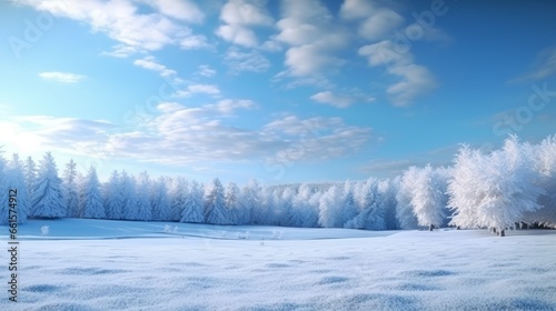 Photo of a serene winter landscape with snow-covered field and tall trees in the background © mattegg