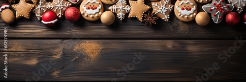 Gingerbread cookies of different shapes making saint shapes, star snowmen on wooden table