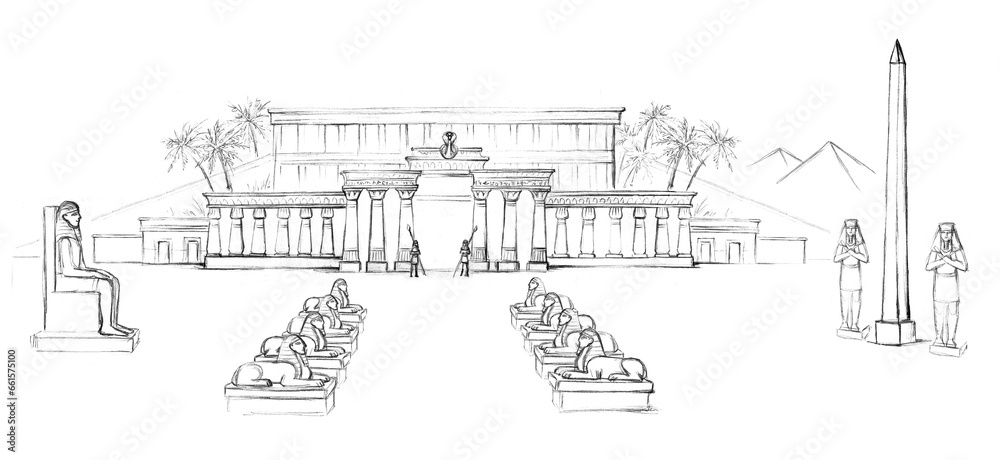 Pencil drawing. Ancient  Egypt palace