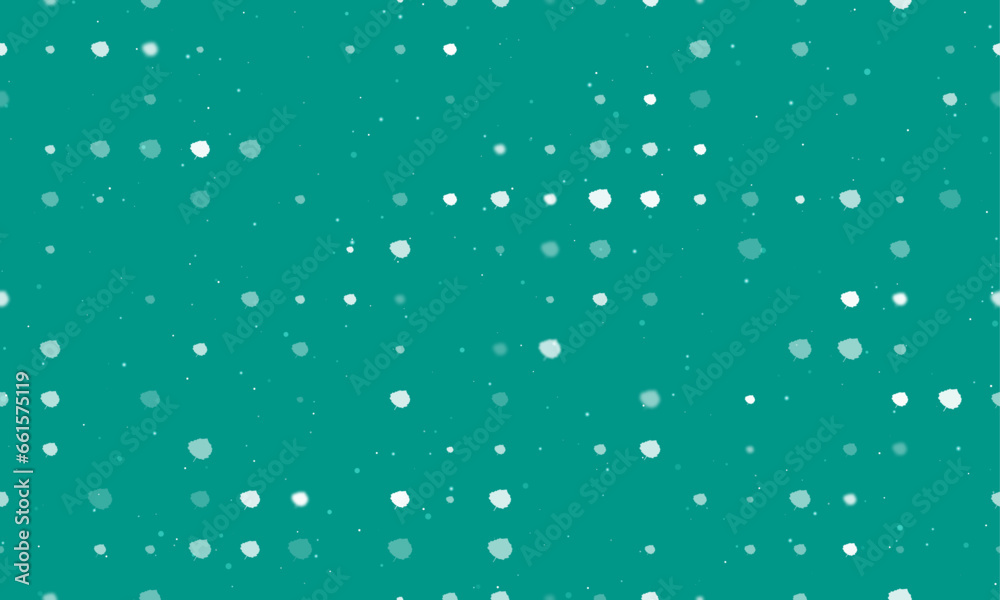 Seamless background pattern of evenly spaced white aspen leafs of different sizes and opacity. Vector illustration on teal background with stars
