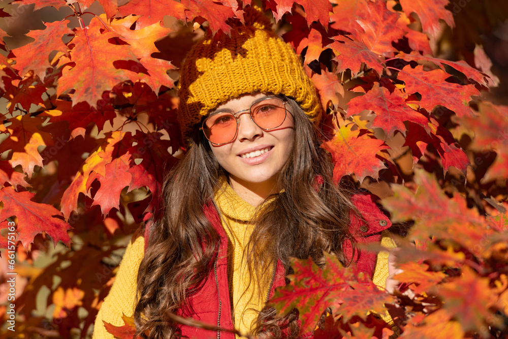smiling child in sunglasses at autumn leaves on natural background smiling child in sunglasses at autumn leaves on natural background
