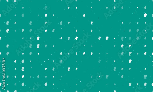 Seamless background pattern of evenly spaced white woman face profile symbols of different sizes and opacity. Vector illustration on teal background with stars