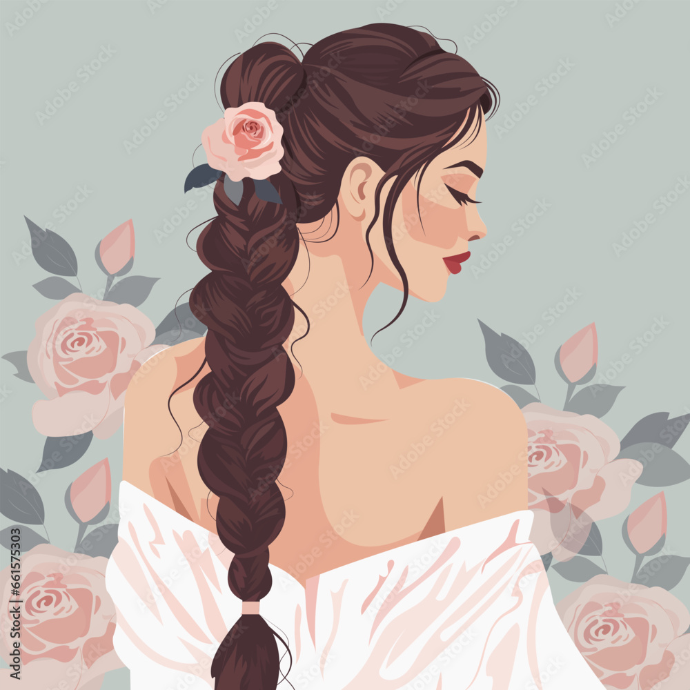 Vector illustration, a young pretty woman with a braid in a fashionable top with bare shoulders among roses. Back view.
Vector illustration, a young pretty woman with a braid in a fashionable top with bare shoulders among roses. Back view.
