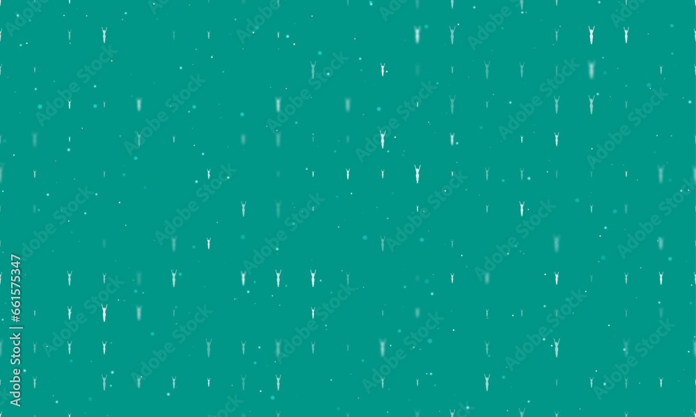 Seamless background pattern of evenly spaced white woman stretches symbols of different sizes and opacity. Vector illustration on teal background with stars Seamless background pattern of evenly spaced white woman stretches symbols of different sizes and opacity. Vector illustration on teal background with stars