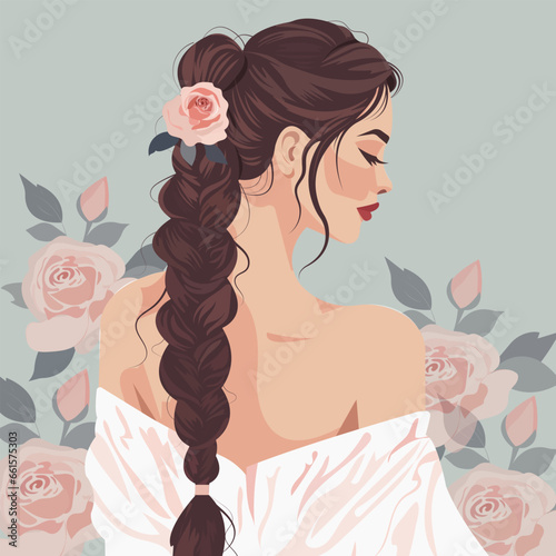 Vector illustration, a young pretty woman with a braid in a fashionable top with bare shoulders among roses. Back view. 