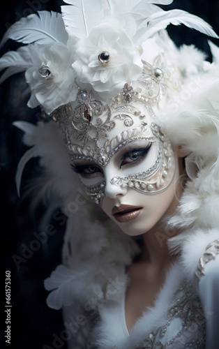 Portrait of a woman with porcelain skin in white carnival mask and neutral makeup for masquerade ball. © Feathering Flower