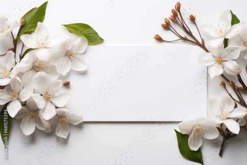 A white card surrounded by white flowers and green leaves. Photorealistic AI. Floral background with copy-space. © Friedbert