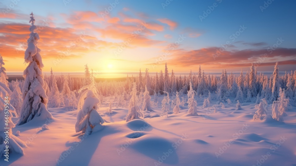 Photo of a serene sunset over a snowy landscape