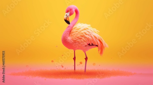 Pink flamingo in yellow background.Generative AI photo