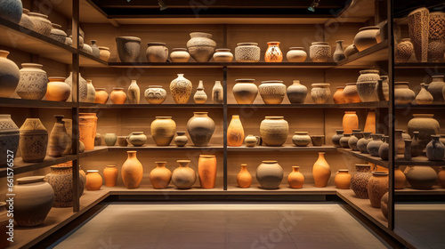Clay terracotta earthenware, jugs, vases, containers on shelf handicraft pottery shop. Different pottery products