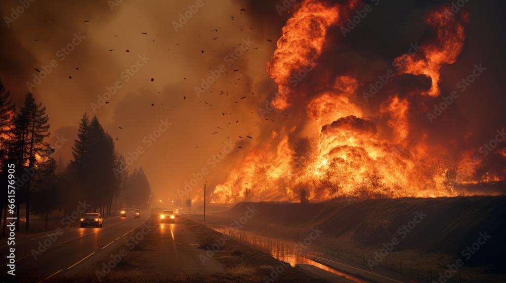 dangerous forest fire near a highway