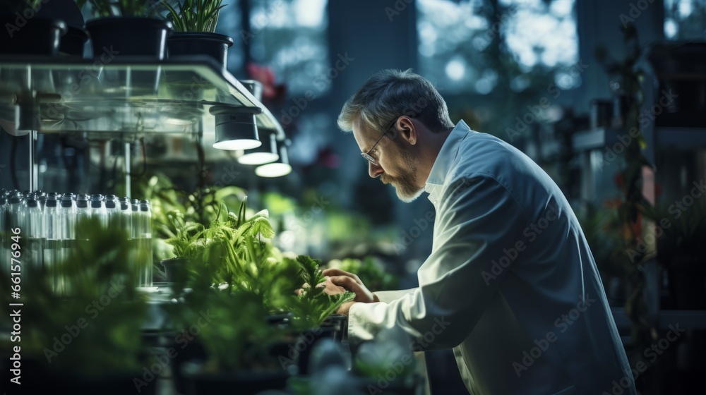 botanist inspecting plants in a lab - obrazy, fototapety, plakaty 
