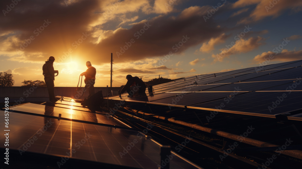 Engineers check the performance of solar panels before sunset.