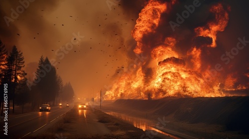 dangerous forest fire near a highway