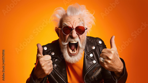Senior man wearing colorful clothes standing over orange background doing happy thumbs up gesture with hand. photo