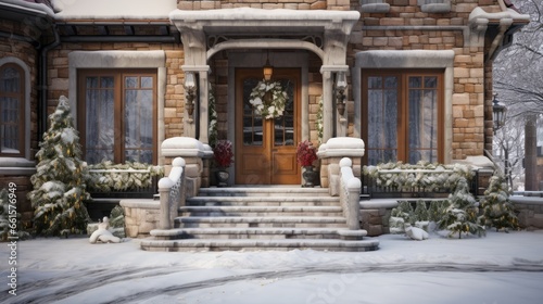 Winter's embrace. A snow-covered house of bricks, stone steps, and a welcoming entrance canopy.