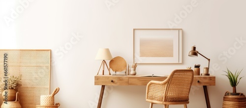 Boho styled home office featuring wooden desk rattan armchair poster frame macrame office supplies lamp decoration and personal accessories in elegant decor With copyspace for text
