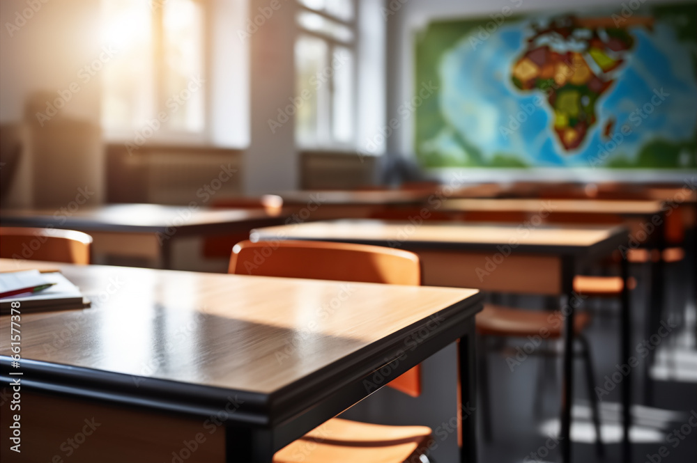 An empty classroom at school during a break or distance learning during the day. An empty classroom at school during a break or distance learning during the day.