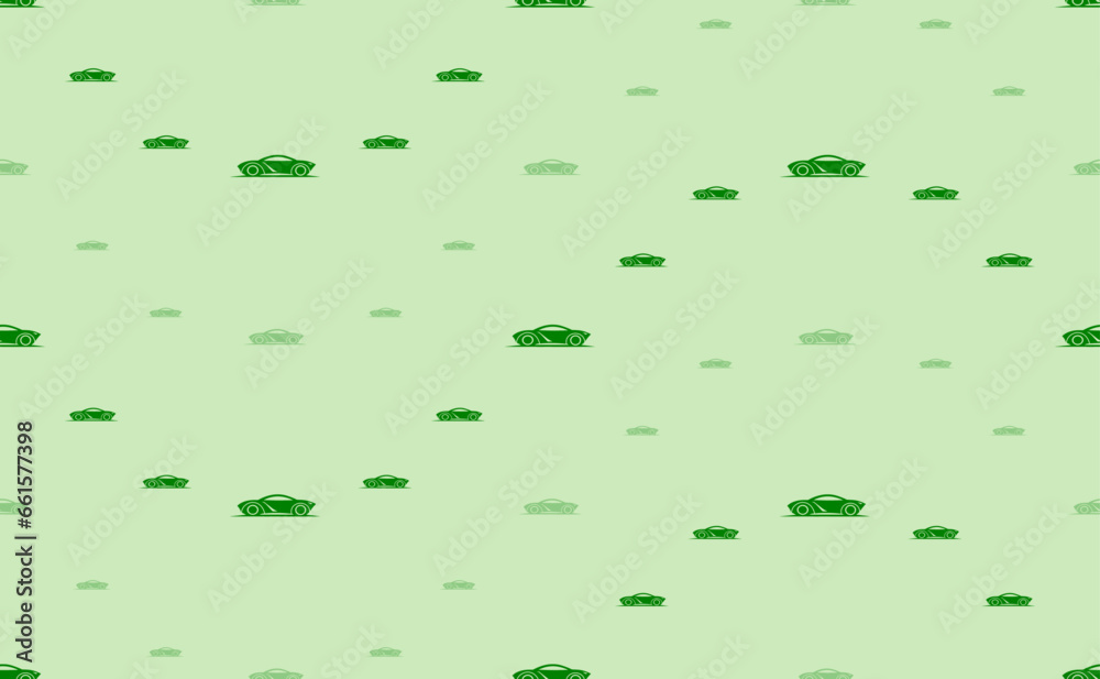 Seamless pattern of large and small green future car symbols. The elements are arranged in a wavy. Vector illustration on light green background