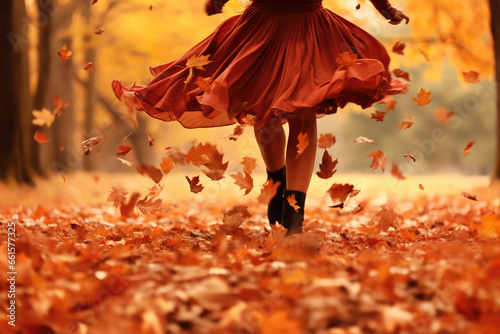 legs of woman in red dress walking in autumn park among golden fallen leaves in nature. photo