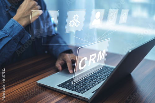 CRM Customer Relationship Management concept, Businessman using CRM software for business marketing, Customer management.