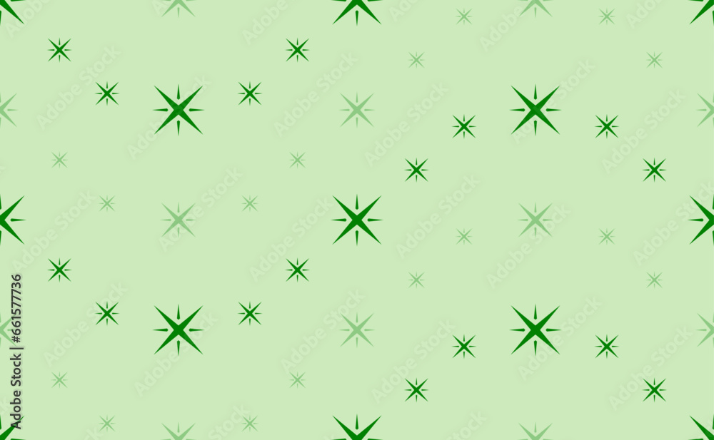 Seamless pattern of large and small green star symbols. The elements are arranged in a wavy. Vector illustration on light green background Seamless pattern of large and small green star symbols. The elements are arranged in a wavy. Vector illustration on light green background