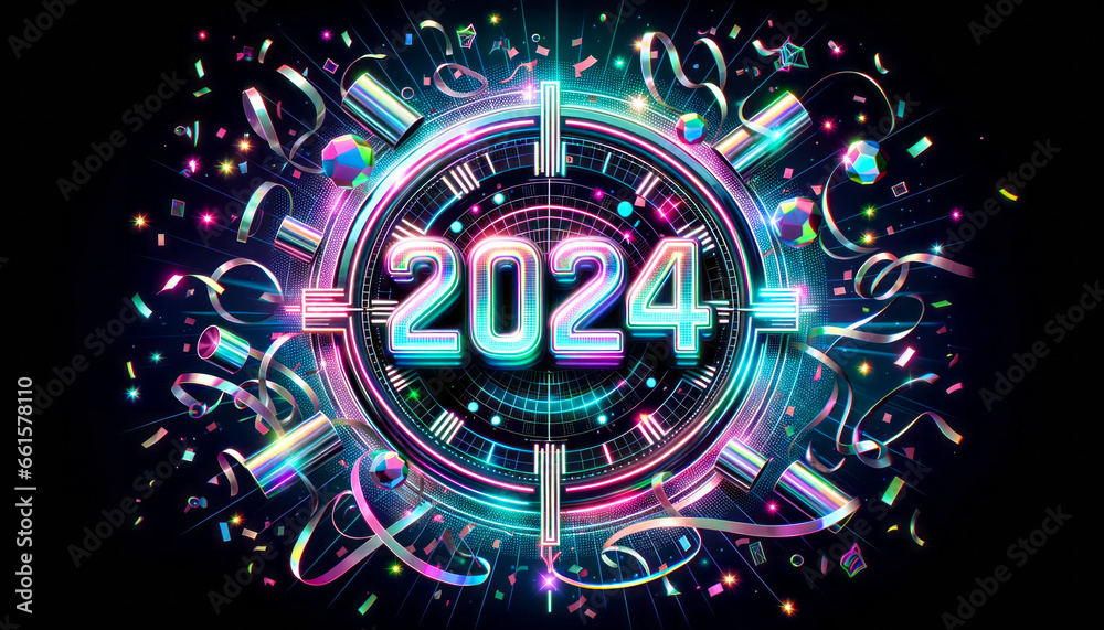 Illustration of a futuristic digital clock displaying '2024' with glowing neon numbers, surrounded by holographic confetti and streamers against a dark background. - obrazy, fototapety, plakaty 