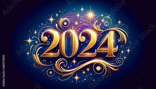 Vector design of the New Year 2024 made of golden sparkles and stars, set against a gradient blue to purple background, with elegant swirls and patterns surrounding it