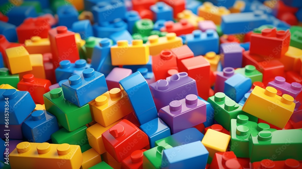 Naklejka premium Vibrantly colored toy bricks with available space for your content, presented through 3D rendering