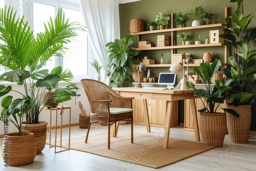 An appealing home office with a classy wooden desk, natural elements, a lush avocado plant, a bamboo shelf, greenery, and rattan accents. Elegant interior design. Generative AI © Isabella