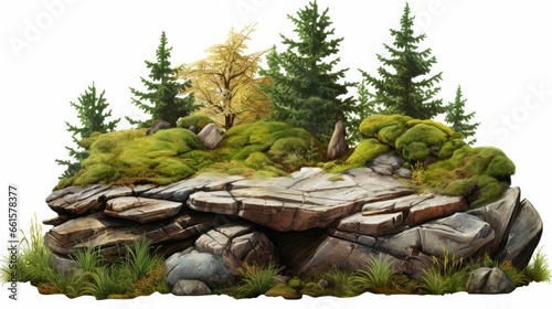 An isolated garden design element featuring a rock encircled by fir trees. This decorative shrub is perfect for landscaping, providing a high-quality clipping mask for professional compositions.