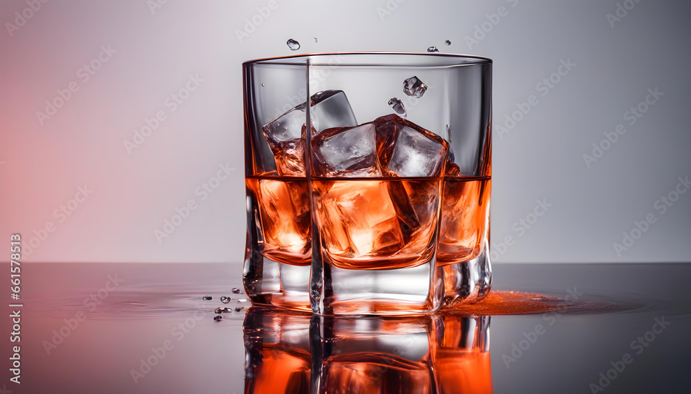 Whiskey glass with ice cubes and water splashes isolated in neon background. Whiskey glass with ice cubes and water splashes isolated in neon background.