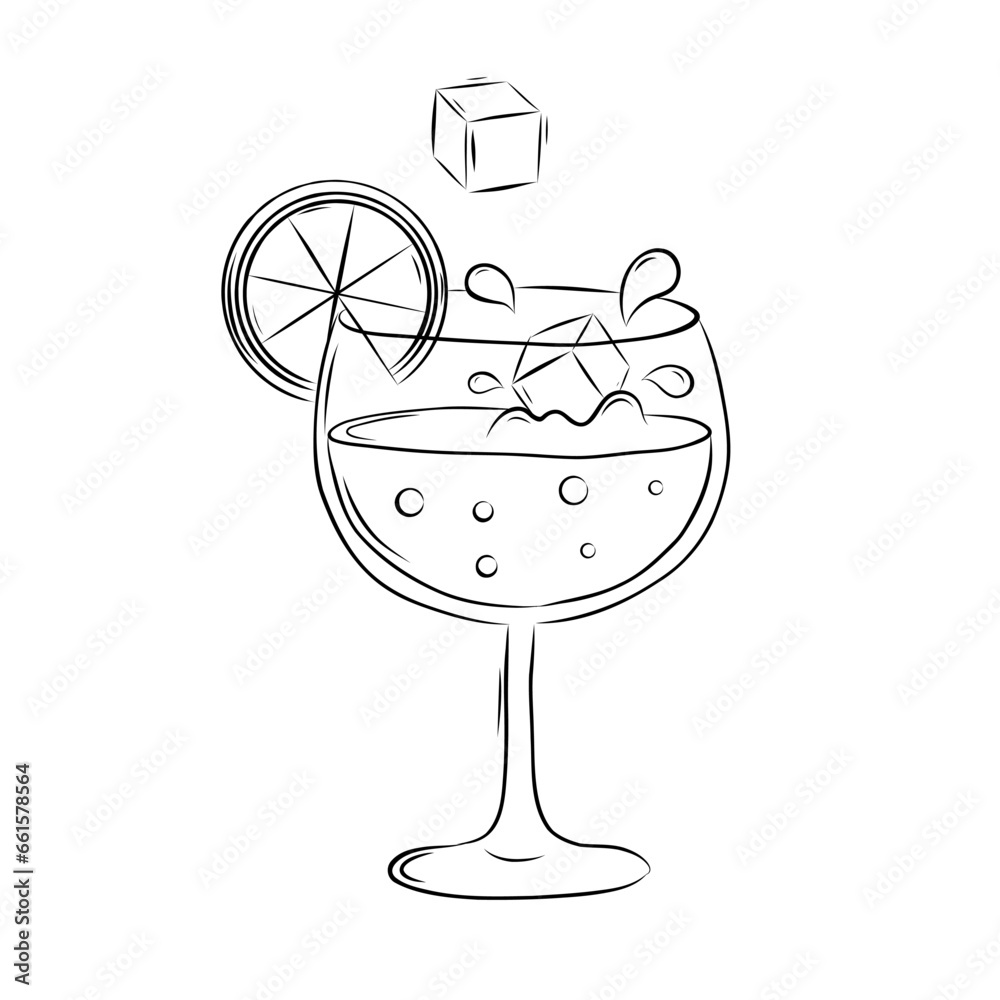 Cocktail Glass of Champagne with Orange Slice and Ice Cubes Decorative Element in Doodle Style. Simple Vector Illustration. Cocktail Glass of Champagne with Orange Slice and Ice Cubes Decorative Element in Doodle Style. Simple Vector Illustration.