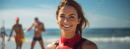 Portrait of a female lifeguard at her post on a sunny beach background