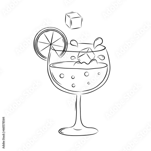 Cocktail Glass of Champagne with Orange Slice and Ice Cubes Decorative Element in Doodle Style. Simple Vector Illustration.