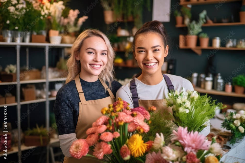 Two happy and smiling young woman florist working together in flower shop. AI Generated