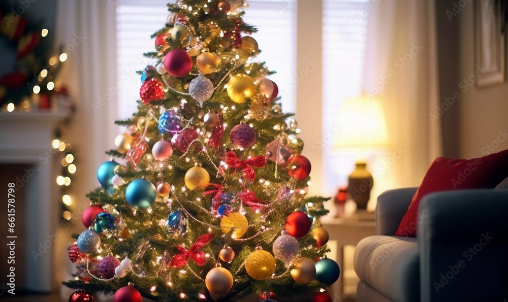 A beautifully decorated Christmas tree with colorful ornaments and lights, AI generator