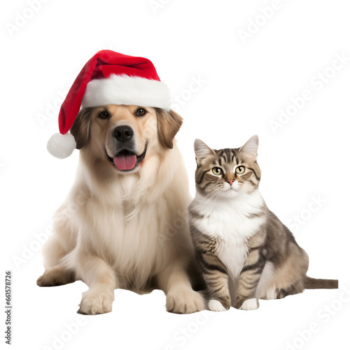 happy dog and cat isolated on transparent background wearing a christmas hat  © PawsomeStocks