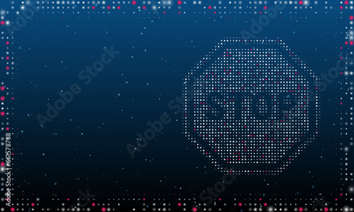 On the right is the stop road symbol filled with white dots. Pointillism style. Abstract futuristic frame of dots and circles. Some dots is pink. Vector illustration on blue background with stars