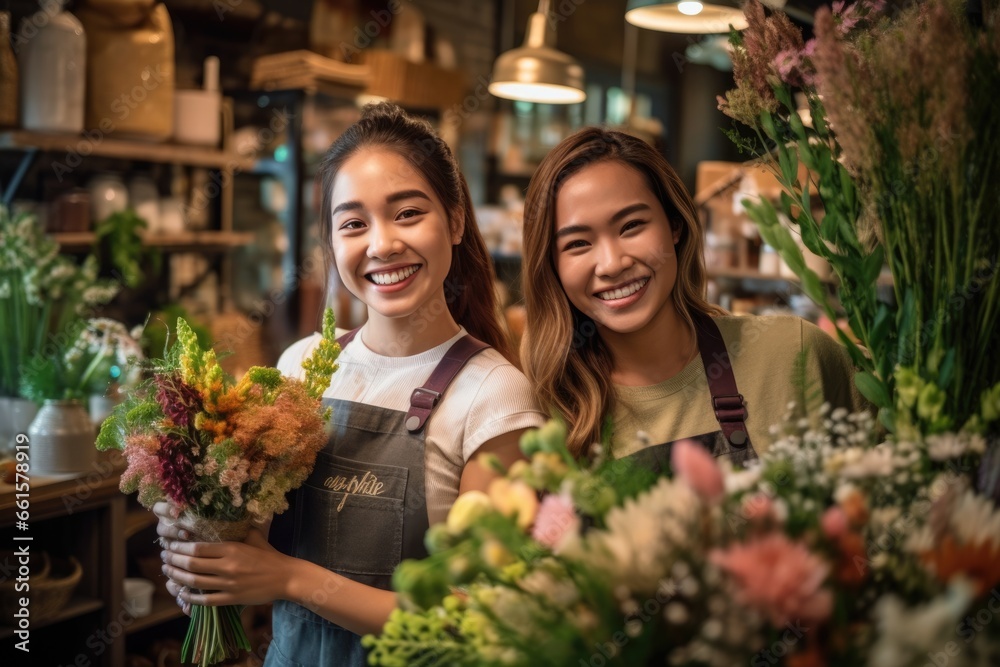 Two happy and smiling young woman florist working together in flower shop. AI Generated