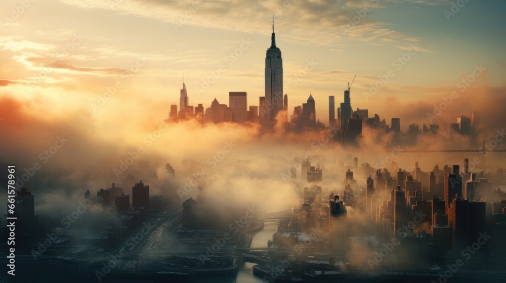 Fototapeta premium A thick and dense fog blankets Manhattan during the morning, obscuring the clear view of the city