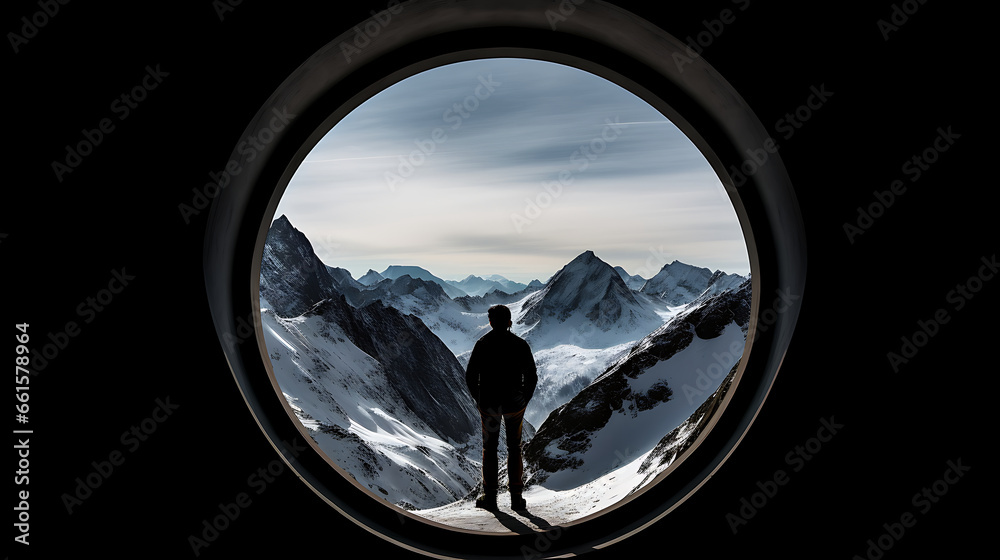 Silhouetted mountaineer gazes out through circular hut window at dramatic peak