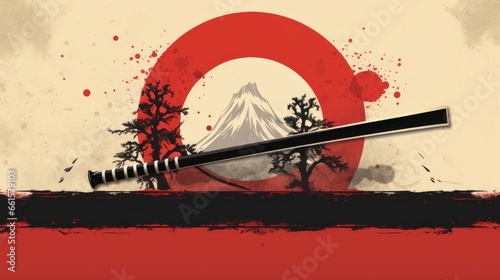 A striking poster featuring a samurai katana sword against the backdrop of the Japanese flag. This unique design is print-ready and can be further customized as needed