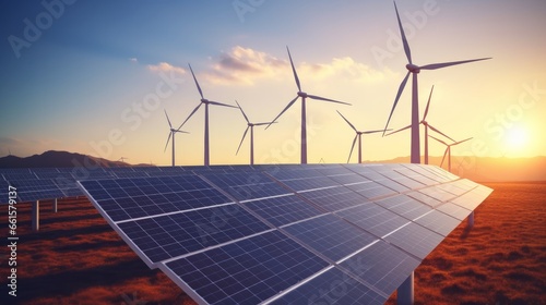A scene featuring a solar cell plant and wind generators under a clear blue sunset sky, exemplifying a power plant equipped with photovoltaic panels and wind turbines